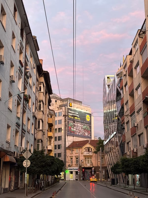 Evening snapshots from Sofia streets, transit, and a local shop