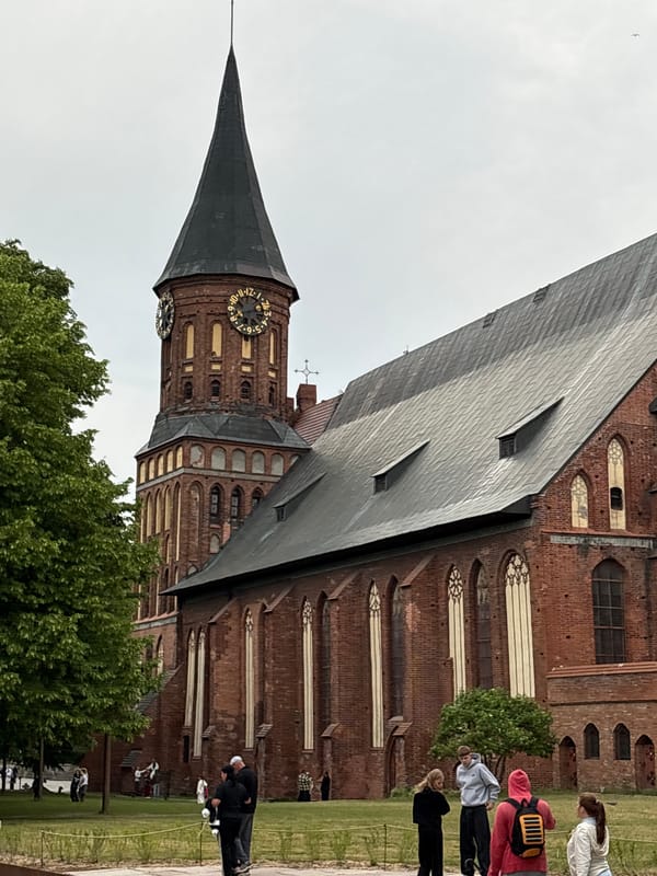 Street musician performs near Kaliningrad Cathedral on overcast evening