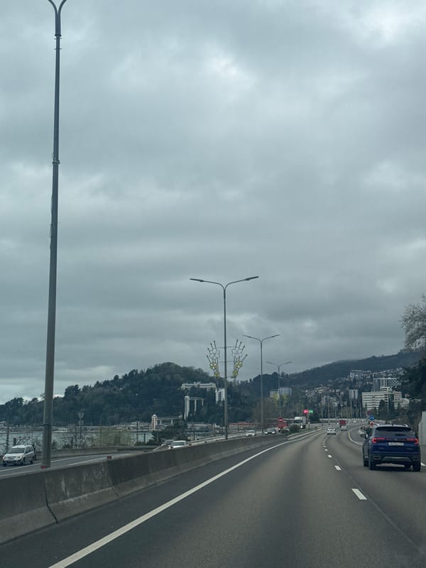 Blue car travels Sochi highway amid cloudy morning traffic