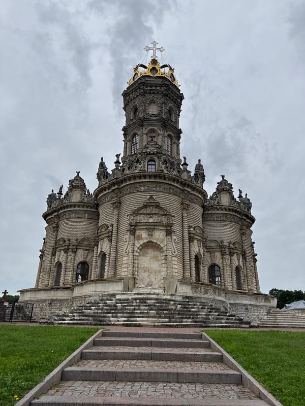 Baroque church in Dubrovitsy, multiple angles on a cloudy morning