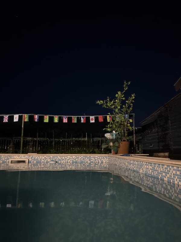 Evening poolside relaxation with outdoor movie in Debelt, Bulgaria