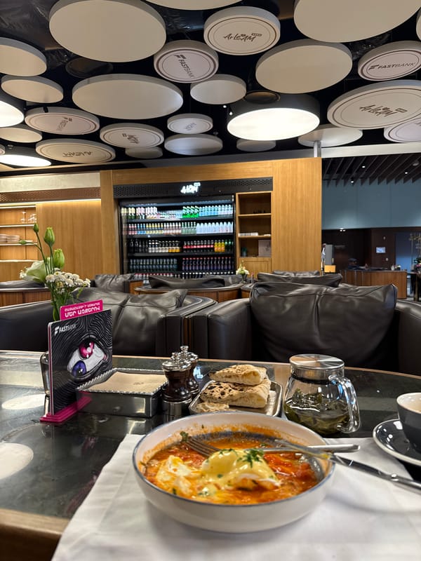 Breakfast and browsing at an organic café in Yerevan