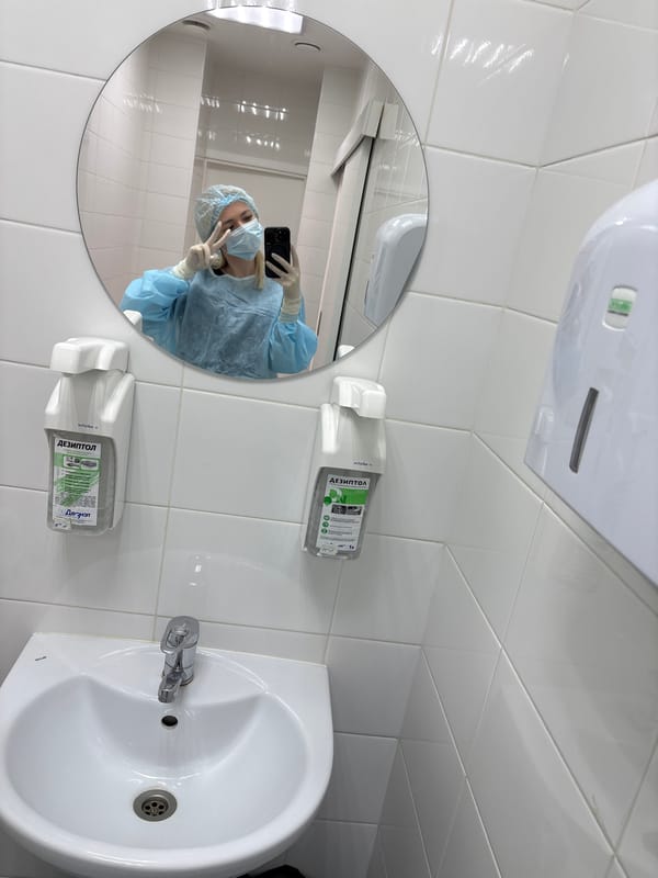 Medical worker takes selfie in surgical scrubs in Izhevsk