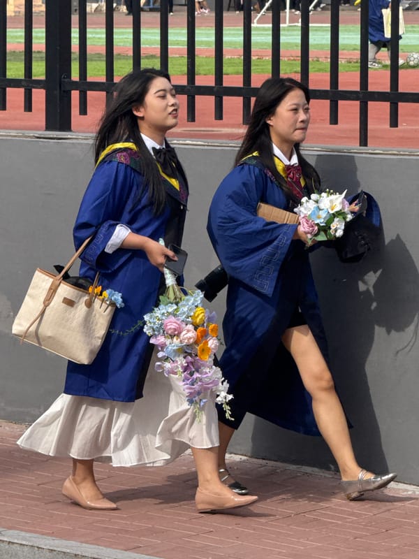 Graduation celebration captured across multiple outdoor scenes in Zhongtun