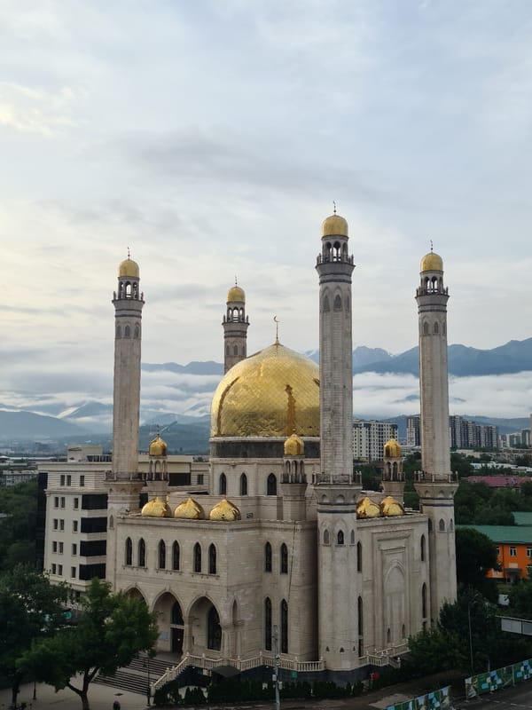Almaty's Central Mosque seen from multiple angles under cloudy skies