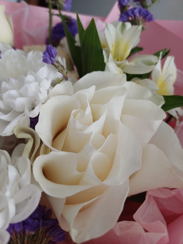 Close-up series of a mixed floral bouquet in pink wrapping