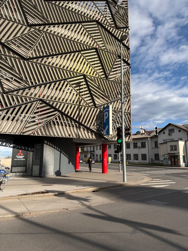 Modern buildings photographed in central Ljubljana streets