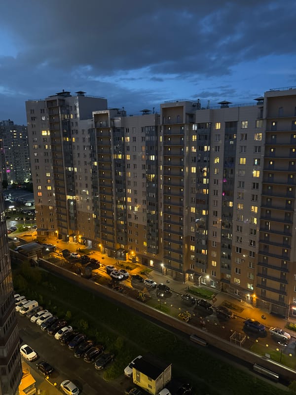 Evening cityscape documented in Sinyavino, Russia apartment district