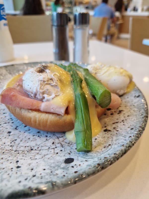 Eggs Benedict with asparagus, multiple angles, Sofia café