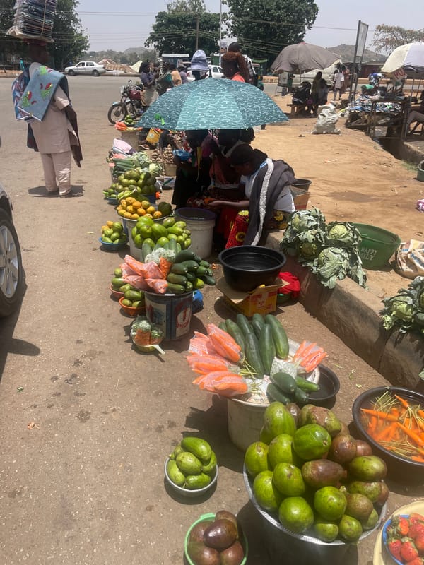 Street vendors sell fresh produce in Nigerian marketplace