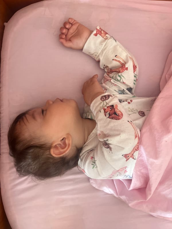 Baby rests in pink crib in Elena, Bulgaria