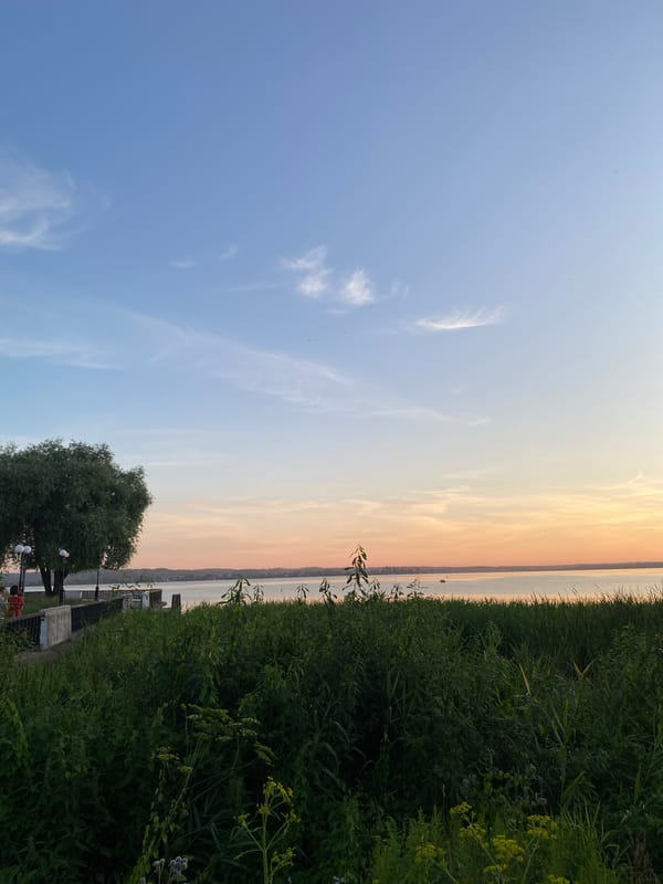 Sunset evening at the Votkinsk Reservoir, pedal boats docked