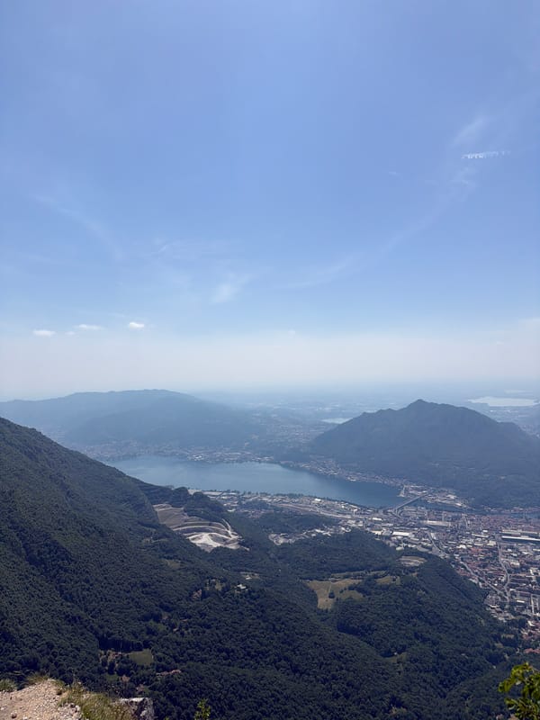 Aerial view captured of Lecco, Italy mountainous landscape