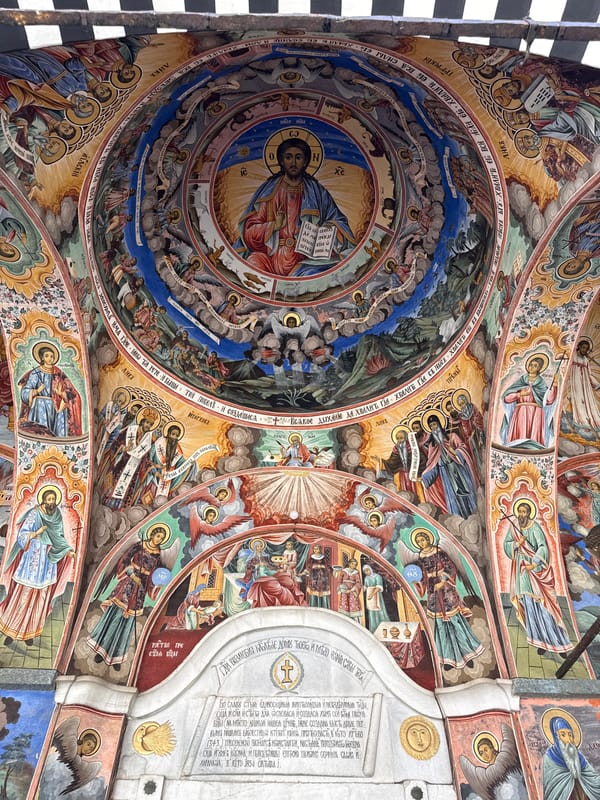 Tourists visit historic Rilski Manastir monastery in Bulgaria