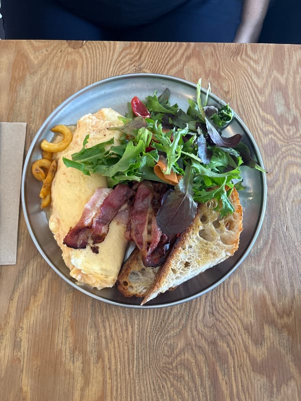 Urban life snapshots: breakfast plates, street art, city scenes