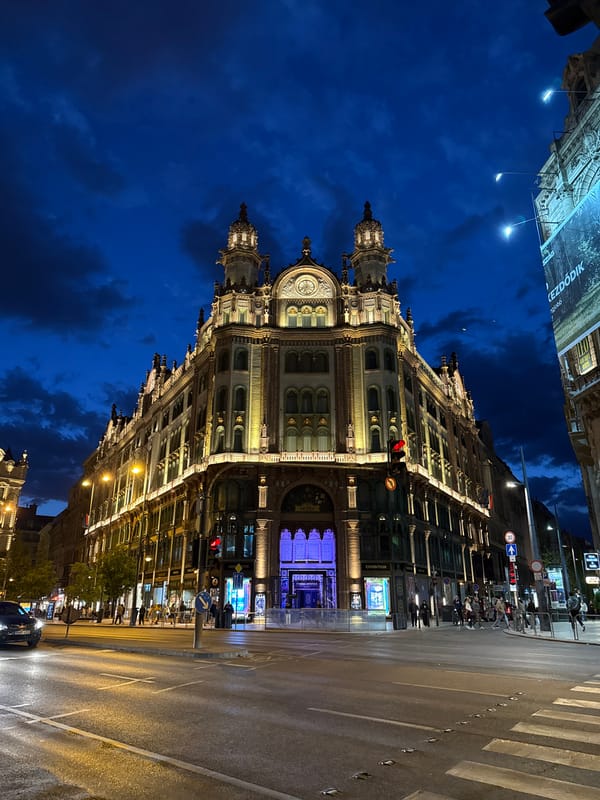 Historic ornate building documented at Budapest intersection during twilight