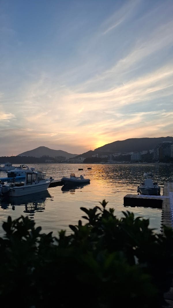 Evening fishing activities observed at Montenegro waterfront during sunset