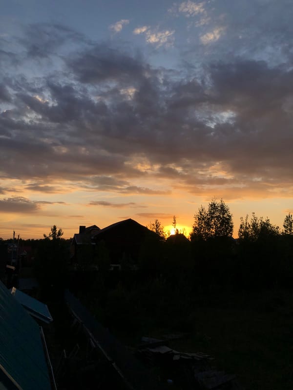 Sunset observed through clouds and trees in Noviy, Russia