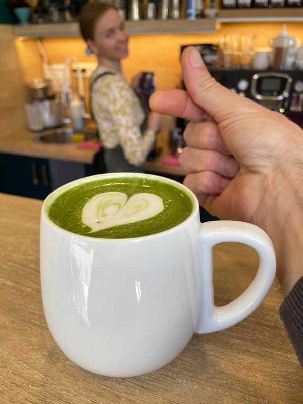 Morning matcha latte moment captured at Budva coffee shop