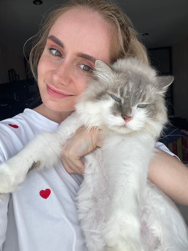 Woman poses with fluffy cat in early morning Vladivostok