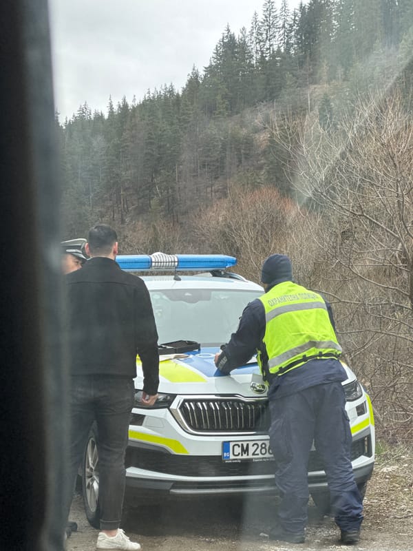 Police officers conduct routine vehicle inspection in Chepelare, Bulgaria