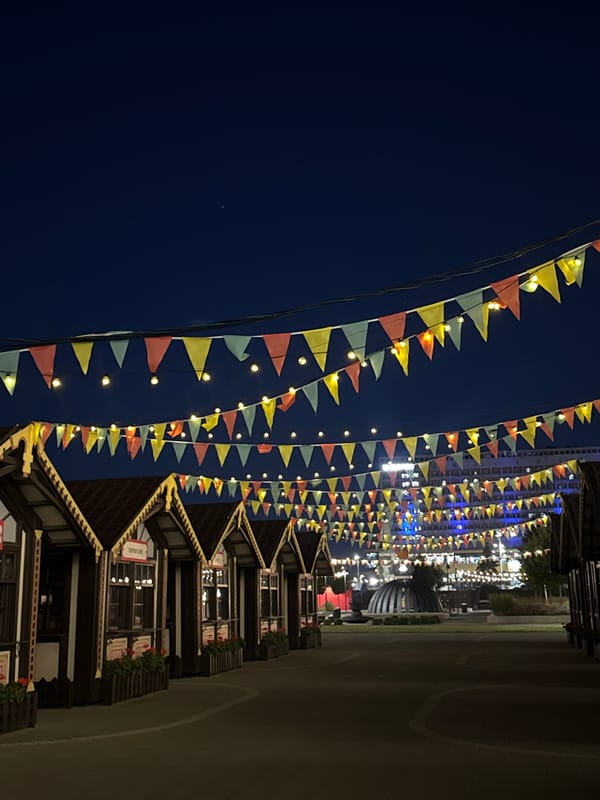 Nizhny Novgorod Fairgrounds lit up on a summer night