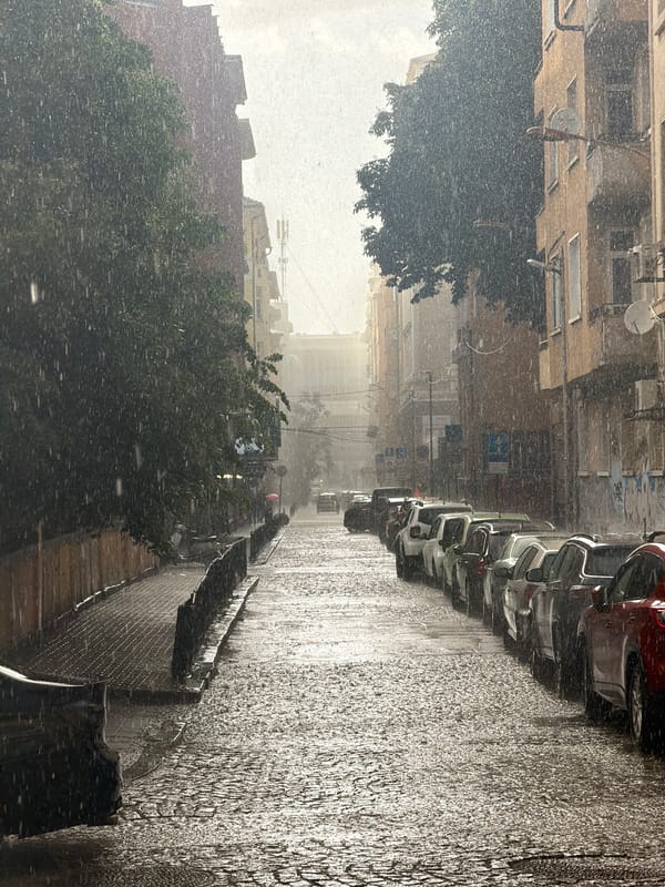 Heavy downpour drenches Sofia streets, pedestrians seek umbrella cover