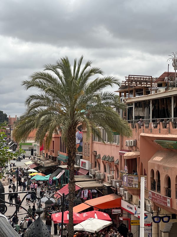 Overcast day documented on busy Marrakesh street