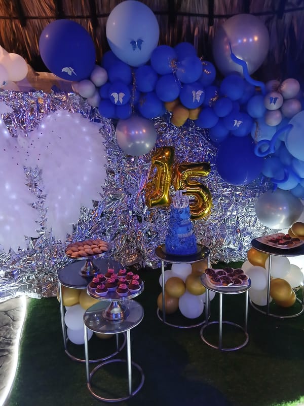 Quinceañera celebration setup documented at Playa El Agua, Venezuela