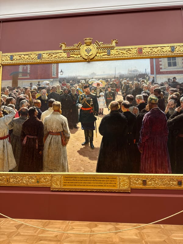 Historical oil painting observed in Moscow depicting crowd scene