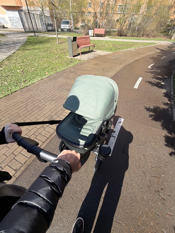 Person pushes baby stroller on sunny day in Moscow