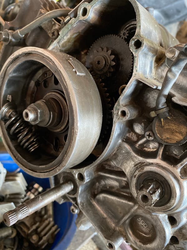 Motorcycle stripped down for a full engine and tire overhaul