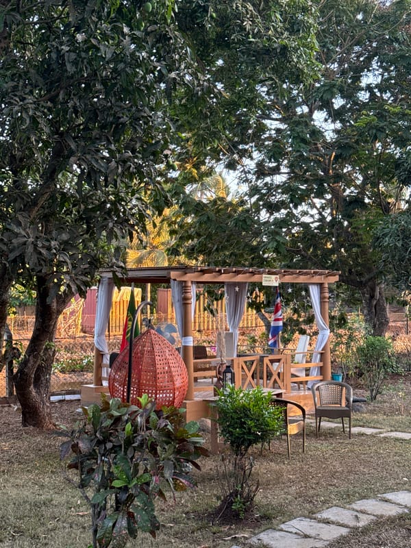 Tourist documents decorative home interior and garden in Arpora