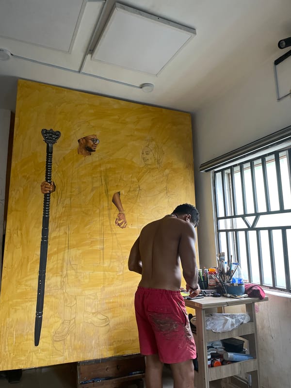 Artist documented painting in studio in Ado, Nigeria
