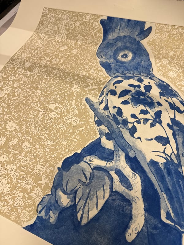 Decorative bird and floral artwork documented in Madrid