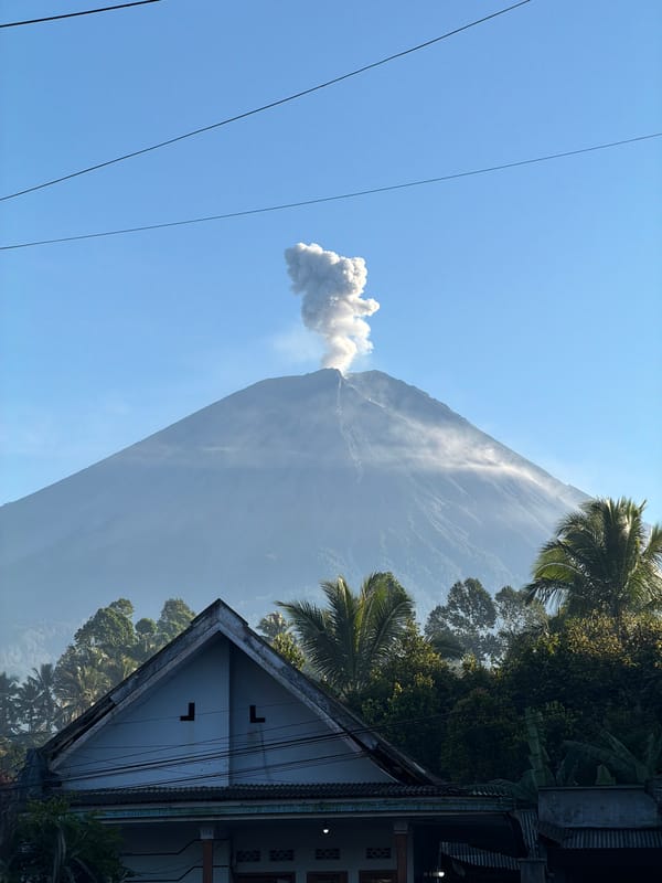 Volcanic eruption near Sidomulyo viewed from multiple vantage points
