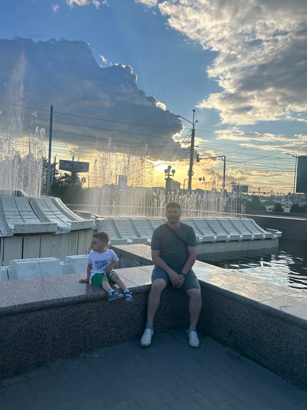 Sunset at a tiered fountain in Omsk, Russia