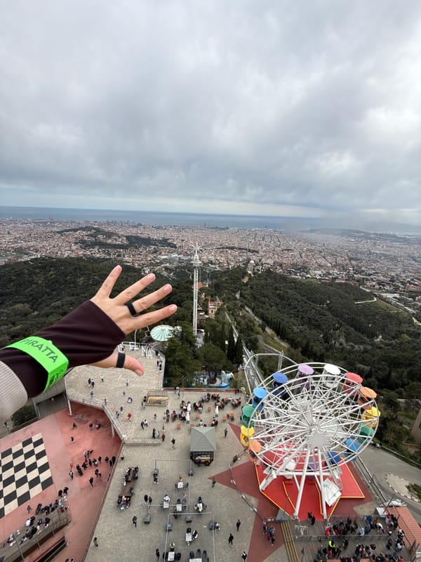 Tourist visits Tibidabo Mountain amusement park and church in Barcelona