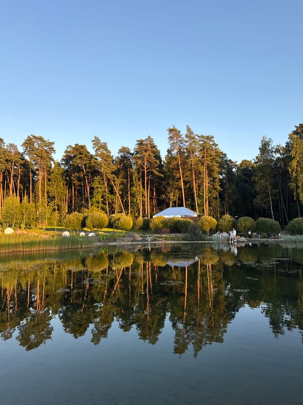 Still lake mirrors pine forest outside Shulgino