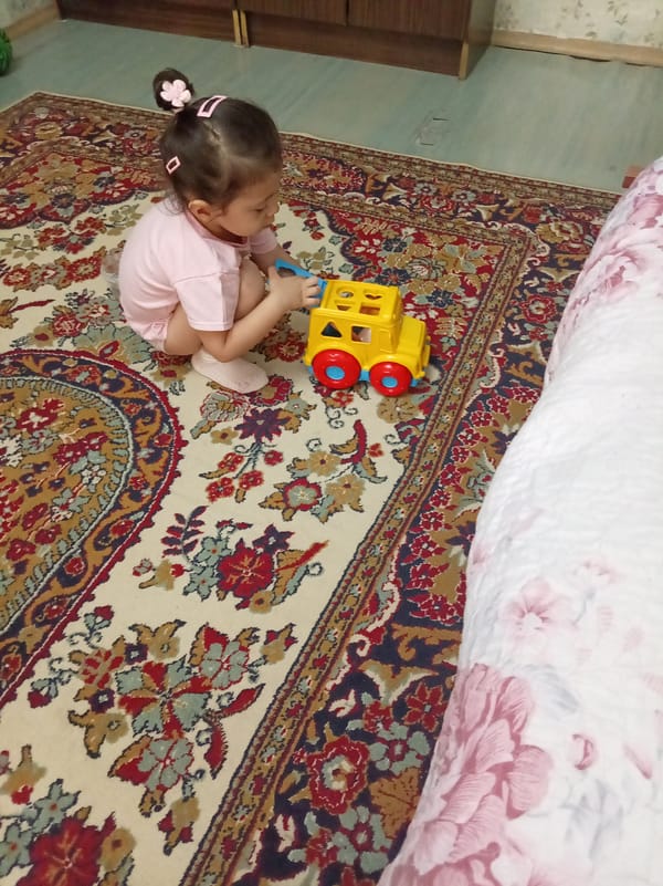 Toddler plays with toy vehicles on rugs at home