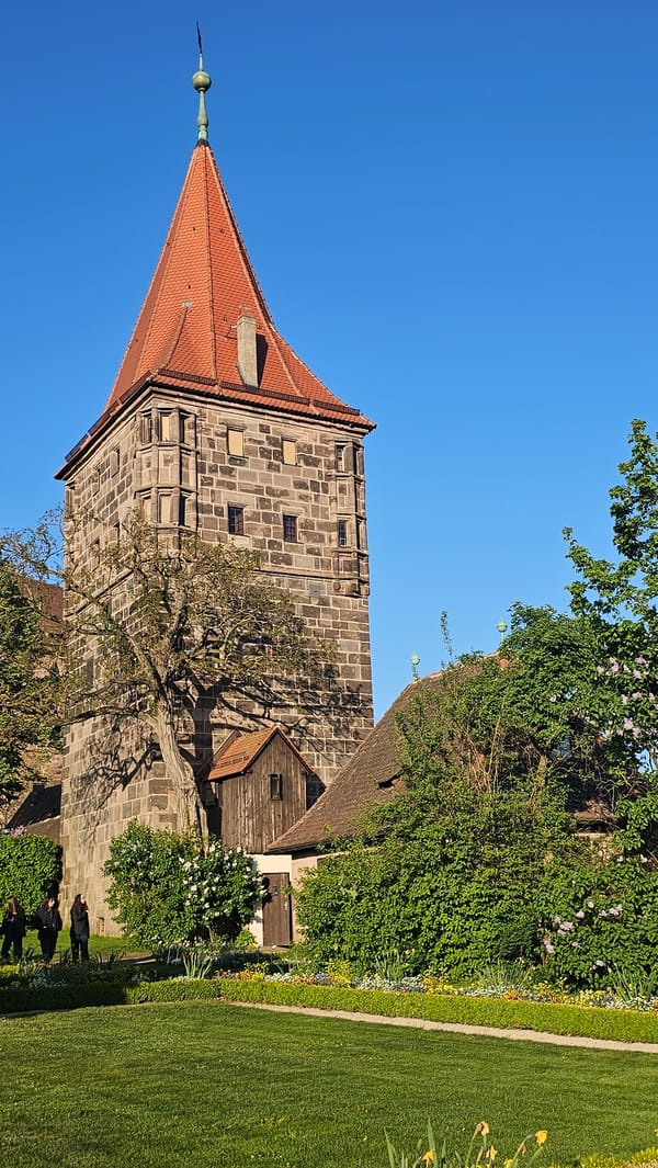 Visitor documents Nuremberg Castle towers and gardens under clear skies