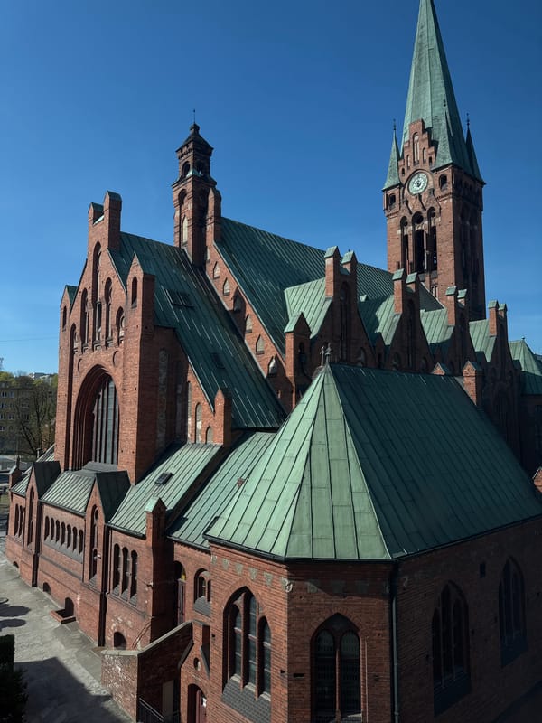 Gothic church with green roof documented in Bydgoszcz