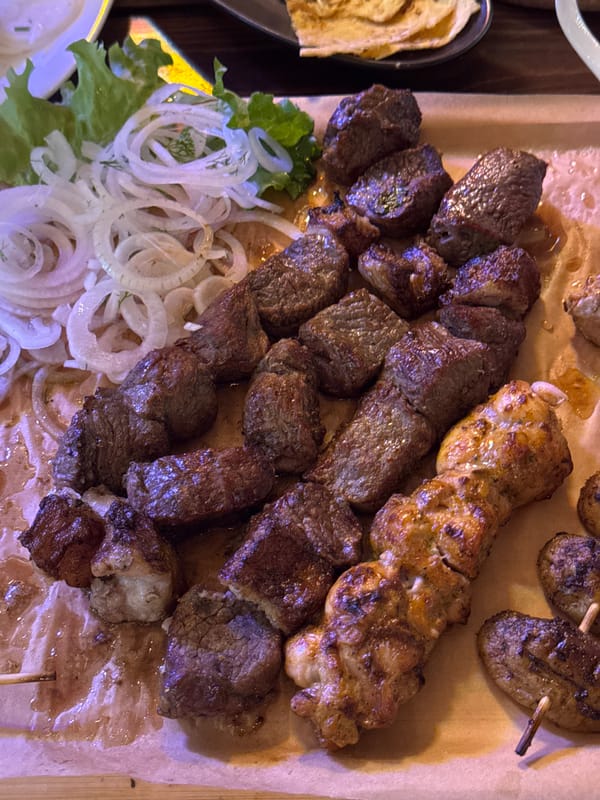 Evening kebab dinner documented at Bishkek restaurant