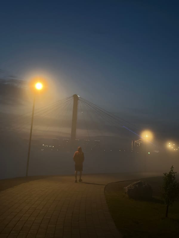 Foggy evening along Krasnoyarsk's illuminated riverside walkway