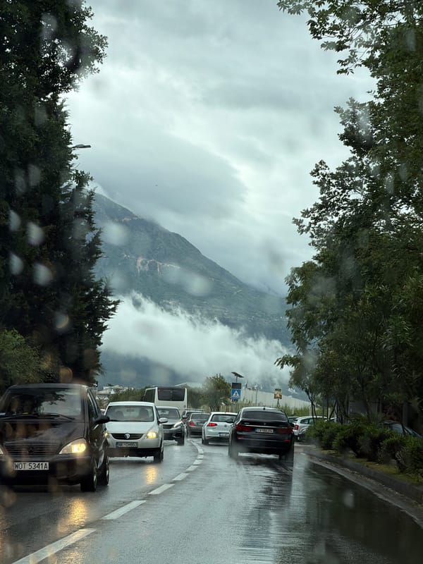 Traffic jam clogs wet roads during rainfall in Tivat