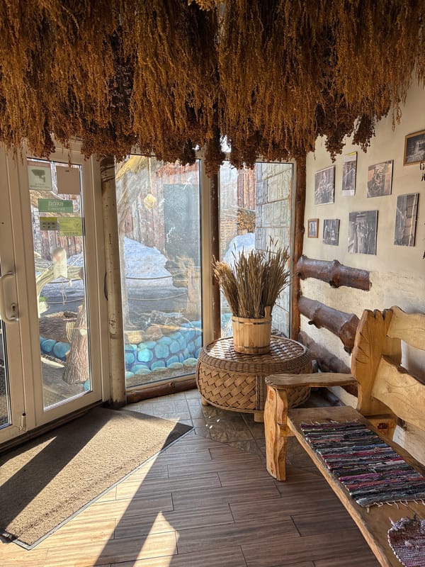 Traditional Russian establishment showcases dried botanical displays in Bely Klyuch