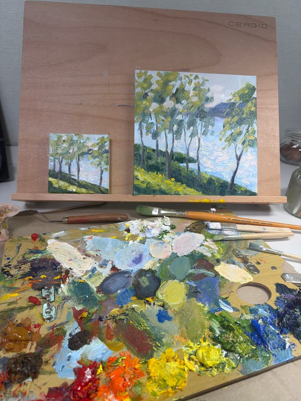 Oil painting session in Dongducheon-si, small landscape canvases taking shape