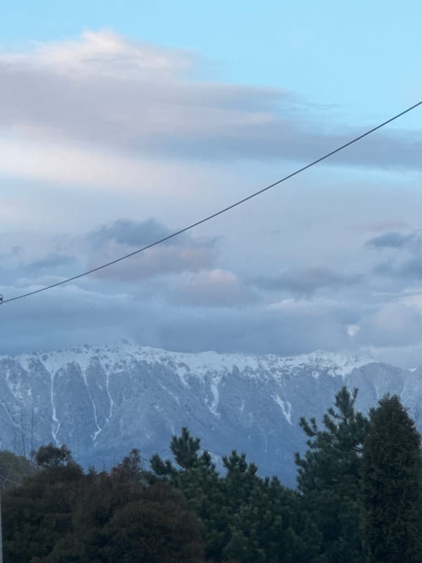 Power lines frame snowy mountain vista in Sirius, Russia