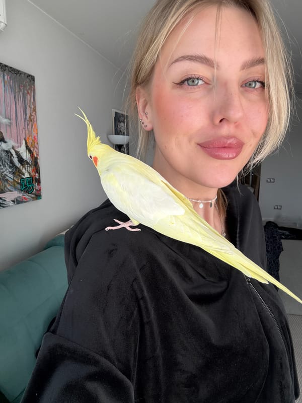 Woman photographed with pet cockatiel in Krasnoyarsk portrait session