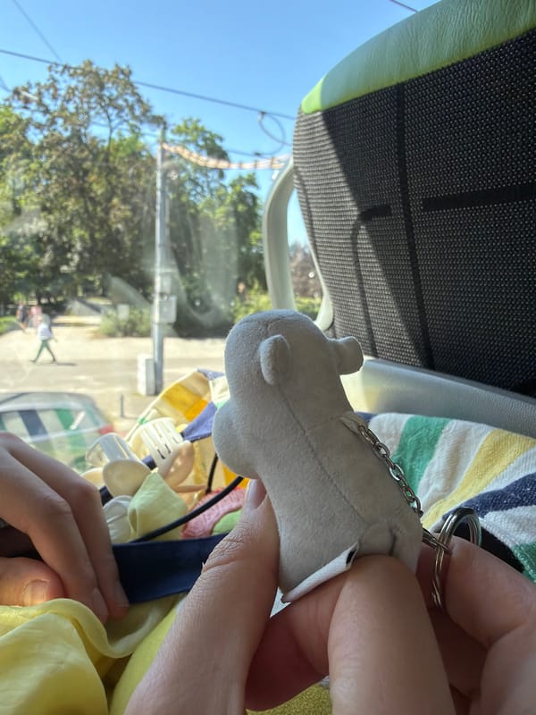 Road trip through rural farmland with a bag full of plush toys